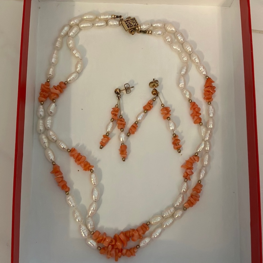 2-strand coral and pearl necklace set with earrings